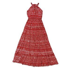 Women's Maxi Halterneck Dress in Red and White Tribal Print by T-Bags